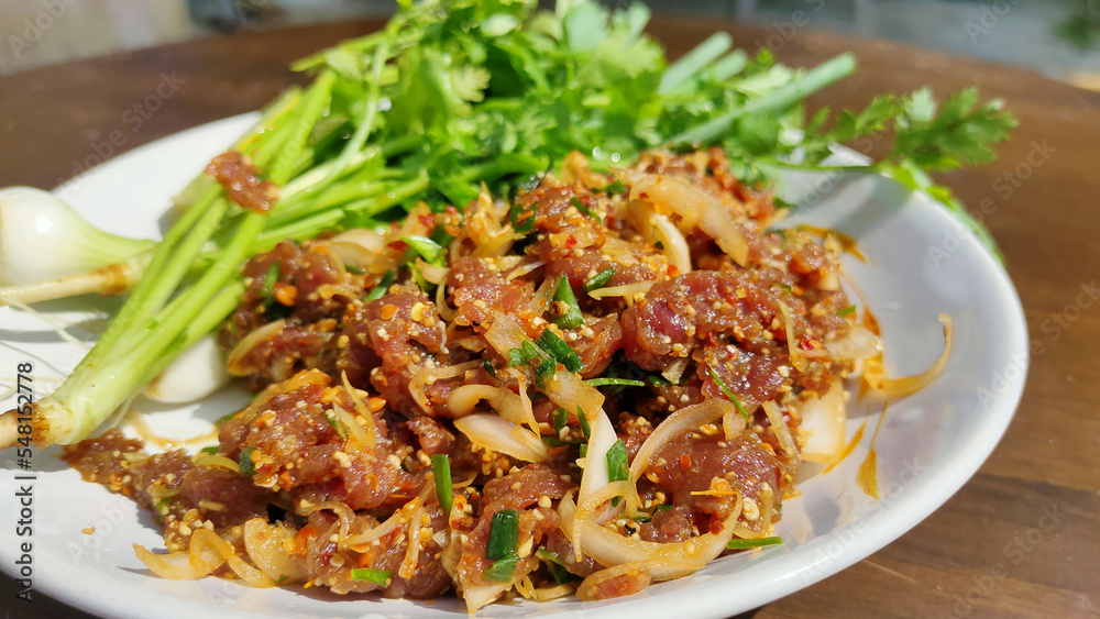 Thai Food, Isaan Food Dishes Larb Koi. Raw Beef Spicy Salad. Northeastern Thai Dishes.