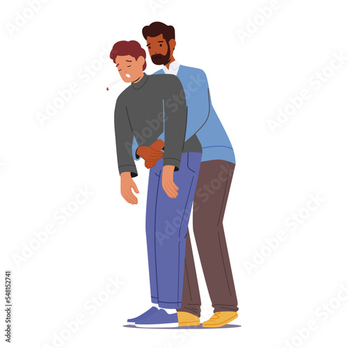 Man Stand Behind Conscious Victim Male Character With Hands In The Proper Position On Victim Abdomen To Perform Heimlich