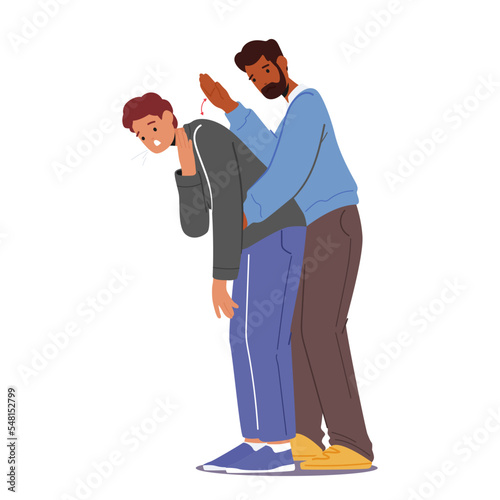 Male Character Doing Heimlich Maneuver To Young Man With Suffocation Due To Obstruction Of Airway With Food