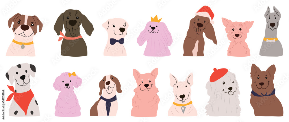 Cute and smile dog doodle vector set. Comic happy dog faces of dalmatian, pug, poodle, beagle with flat color, bow, christmas hat, scarf isolated on white background. Design for sticker, comic, print. Cute and smile dog doodle vector set. Comic happy dog faces of dalmatian, pug, poodle, beagle with flat color, bow, christmas hat, scarf isolated on white background. Design for sticker, comic, print.