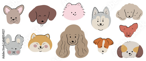 Cute and smile dog heads doodle vector set. Comic happy dog faces character design of husky, poodle, shiba with flat color isolated on white background. Design illustration for sticker, comic, print.