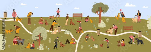 Dog park with people walking with their pets, training and playing with puppies. Pet owners walk with dogs on leash and clean up poop, vector hand drawn illustration