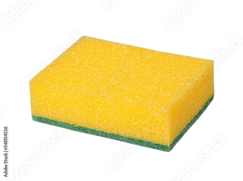 New yellow-green kitchen sponge for washing dishes, transparent background, close-up photo
