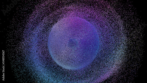 3D rendering of cluster of sand particles forming a shattered or disintegrated globe or sphere