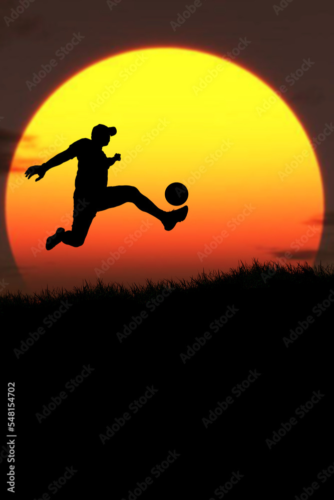 Portrait silhouette of a man having fun playing soccer.