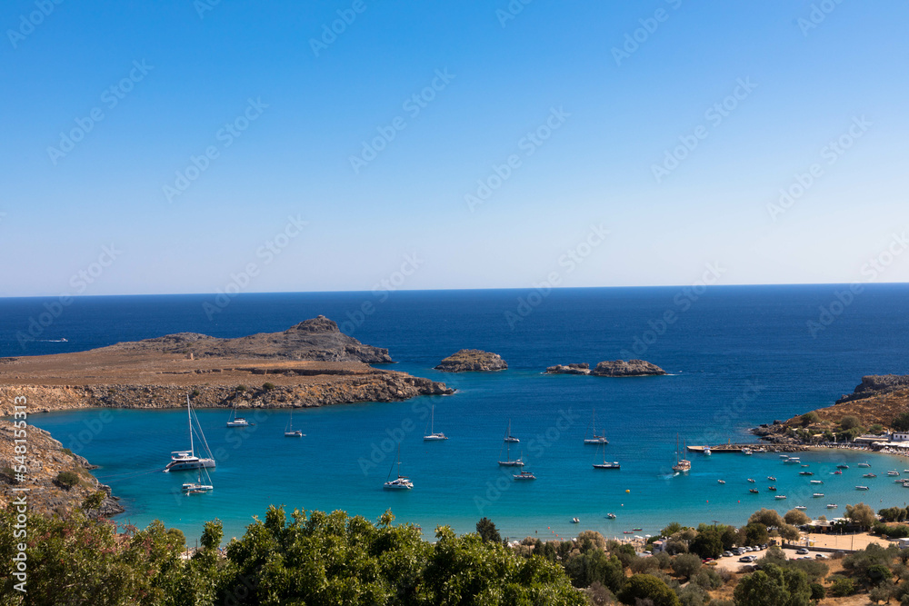 Aerial view from  stunning bay and Vlycha Beach in Lindos on the island of Rhodes. Aegan Sea, Greece. Holiday on the greek islands.