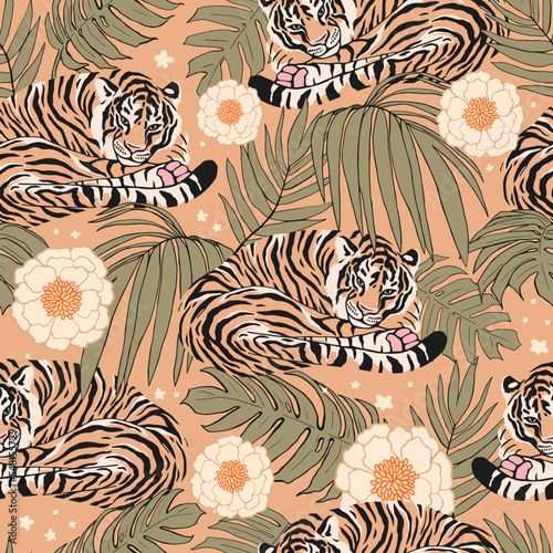 Wallpaper Mural Graphic seamless pattern of tigers, palm leaves, and flowers. Beautiful illustration in delicate colors. Torontodigital.ca