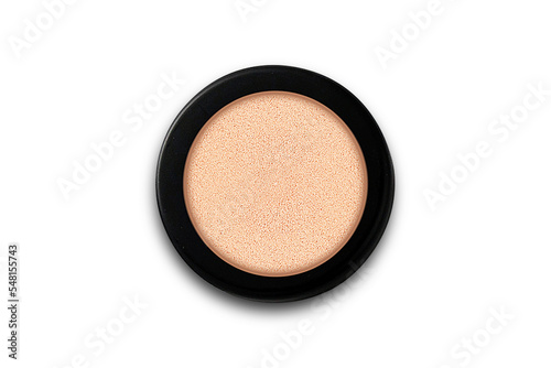 Blush powder compact palette realistic isolated on white background. Decorative make up cosmetics. Face powder or eye shadows in black round box, top view. 3d rendering.