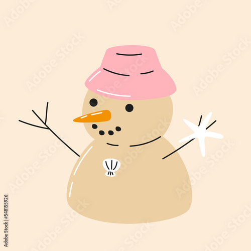 Cute cartoon snowman on vacation on sand beach. Hand drawn vector illustration. Funny Christmas character card template.