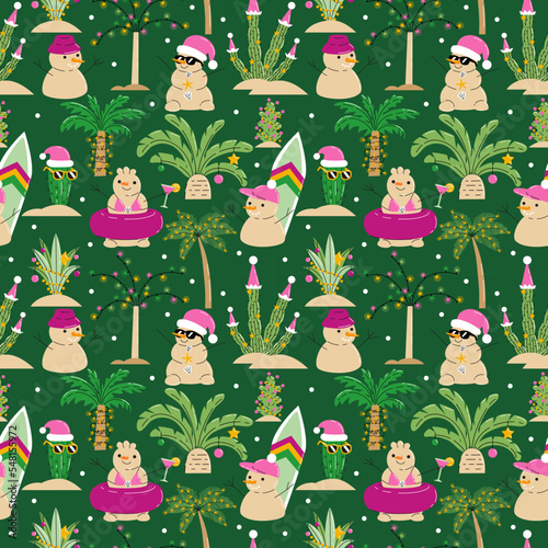 Seamless Christmas pattern with palm trees and funny snowman made of sand on the beach. Hand drawn vector illustration. Tropical xmas background.