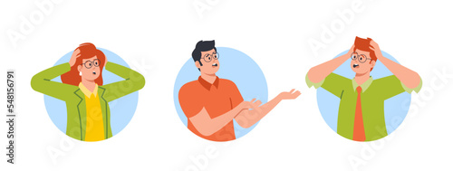Worried Business Men and Women Isolated Round Icons or Avatars. Stressed Male and Female Characters Solve Task