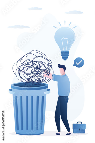 Businessman throws messy chaos out of his head into trash can. New idea, creativity. Order in thoughts and head, mental health. Brainstorming, concept. Creativity to solve problem.