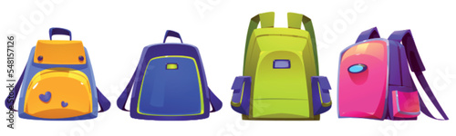 Kids school bags, backpacks or rucksacks with straps. Orange, blue, green and pink colored knapsack for boy or girl front and angle view. Student schoolbag isolated on white background, Vector set