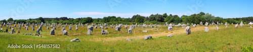 Panoramic view of the alignments of menhirs of Carnac, a famous Neolithic UNESCO World Heritage site located in Brittany in western France