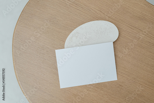 Business card mockup. Minimalist poster mock up. Branding design. Paper, wood and cement textures