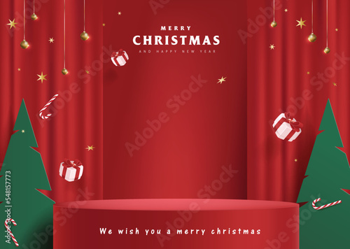 Merry Christmas banner with stage product display cylindrical shape and festive decoration for christmas