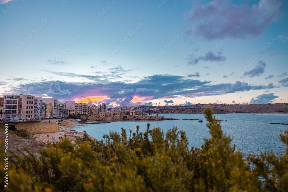 Beautiful evening in saint paul bay on malta island with picturesque buildings, sky and flowers in the foreground.