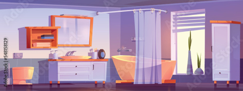 Bathroom interior, modern bath room with tub, sink, toilet bowl, mirror and furniture. Apartment household background for game, cozy home or hotel shower area, Cartoon vector illustration