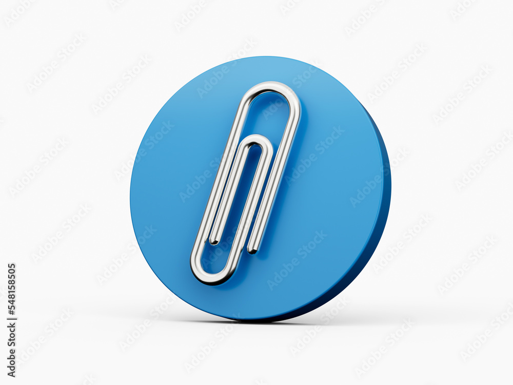Metal Paper clip with Blue circle icon on white background 3d illustration Metal Paper clip with Blue circle icon on white background 3d illustration
