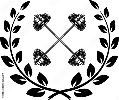 Emblem template with crossed barbells and wreath. Design element for logo, sign, emblem. Vector illustration