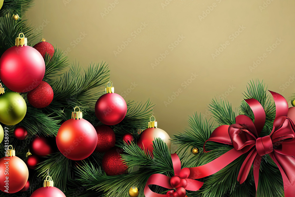Christmas tree branches with red decorations as christmas card design template Christmas tree branches with red decorations as christmas card design template