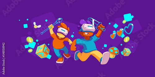 Kids gaming in virtual reality metaverse. Contemporary boys in vr headset fight with swords in cyberspace. Futuristic innovation, gamification experience in meta verse, Cartoon vector illustration