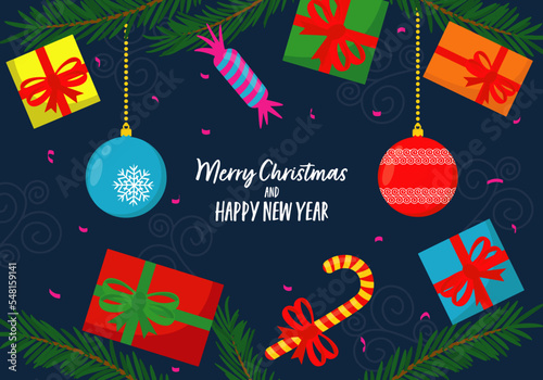 cartoon merry christmas and happy new year banner with toys, candies, gifts, branches and confetti