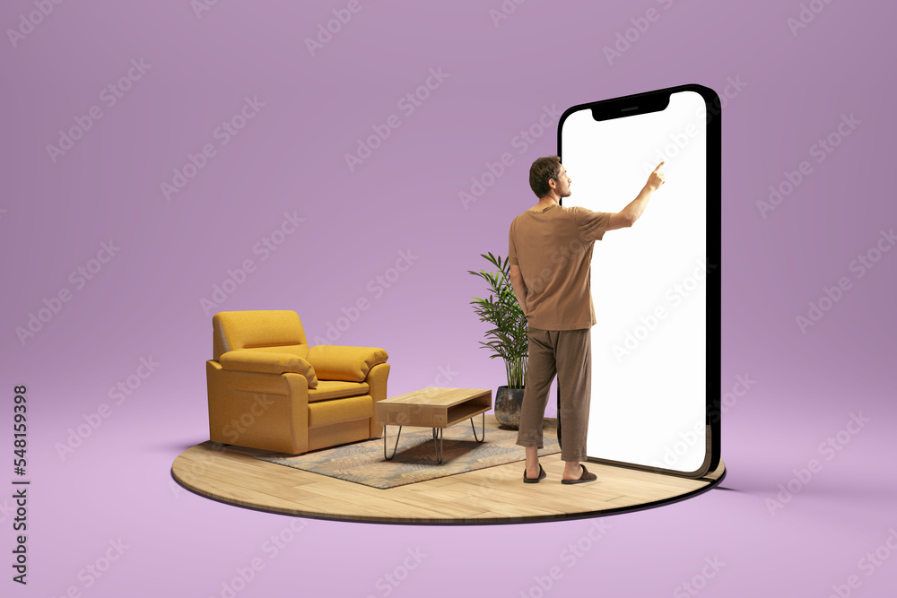 Photo and 3d illustration of man standing next to huge 3d model of smartphone with empty white screen isolated on lilac background. Mockup for ad - obrazy, fototapety, plakaty 