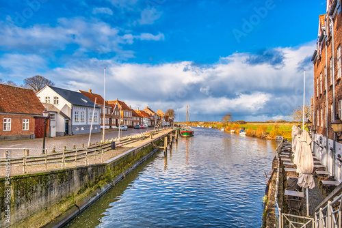 Fototapeta Small harbor in medieval city of Ribe in Denmark