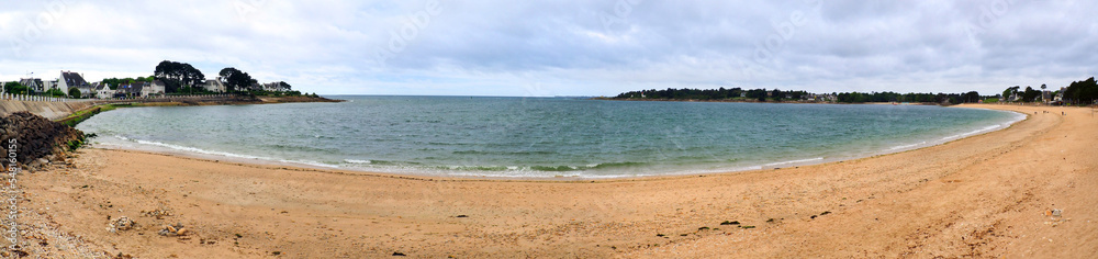 Panoramic view of the beautiful Benodet beach, a famous seaside resort on the Brittany coast near Quimper in the Finistere department in western France