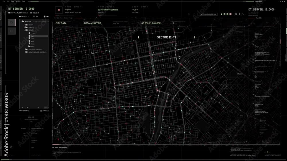 Futuristic surveillance analysis technology examining the night map of ...