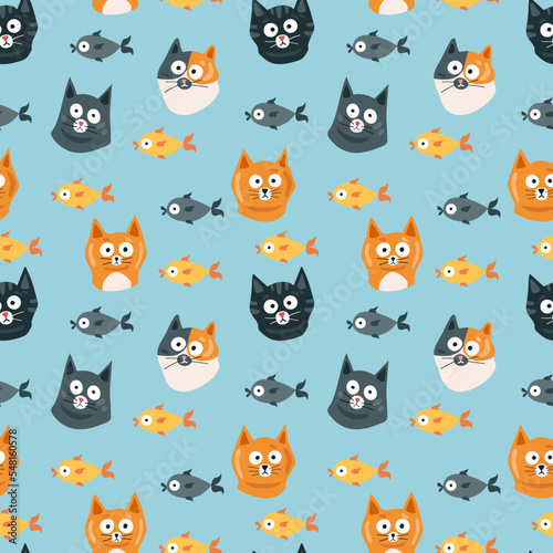 Cats and fish. Seamless pattern. Vector illustration