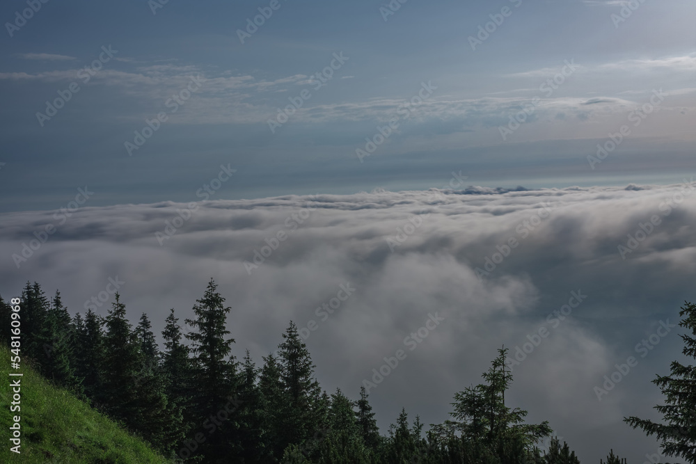 View from  Serak in Jeseniky mountains on a summer foggy morning and  sea of clouds around mountain peak