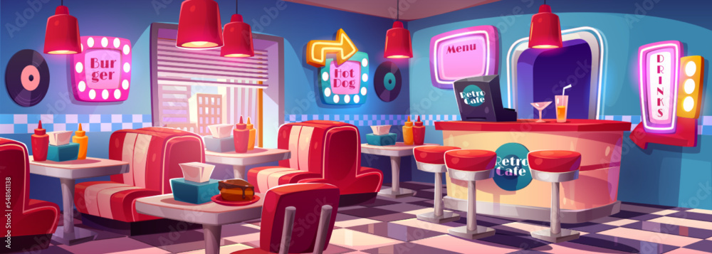 Fototapeta premium Fast food retro cafe interior with tables, cashier desk with high chairs, glowing menu and signboards. Cafeteria, fastfood restaurant in vintage style with city view, Cartoon vector illustration