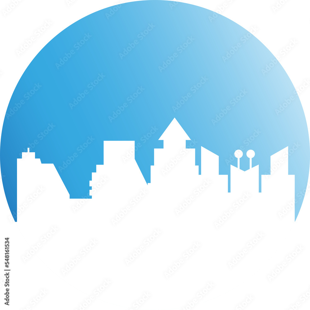 city skyline in blue circle button