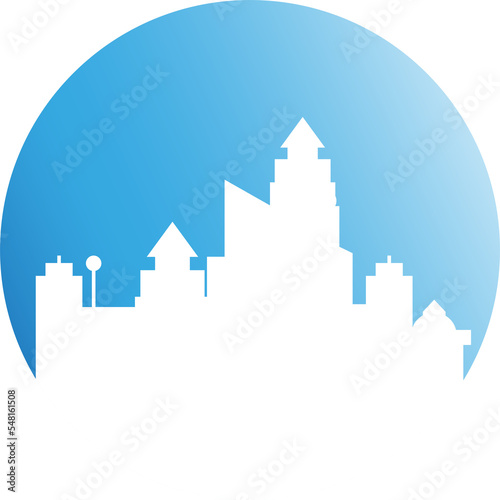 city skyline in blue circle button