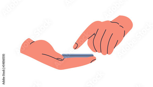 Mobile phone in hand, finger tapping on screen, clicking on telephone display...