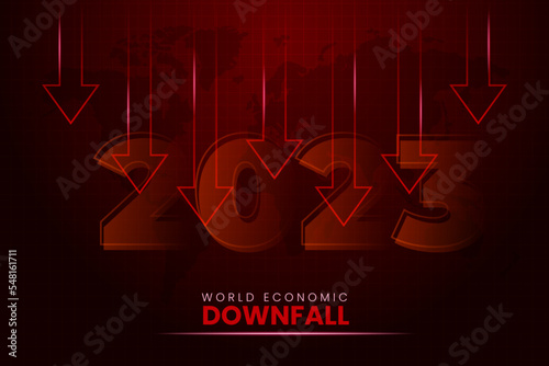 2023 Economy recession, global business downfall with falling arrow and world map. Money losing. Stock crisis, financial crisis and finance concept background. 