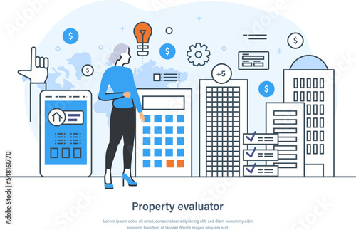 Property evaluator or real estate appraiser valuating property for sale. Real estate appraisal, property worth, estimate value inspection and assessment service thin line design