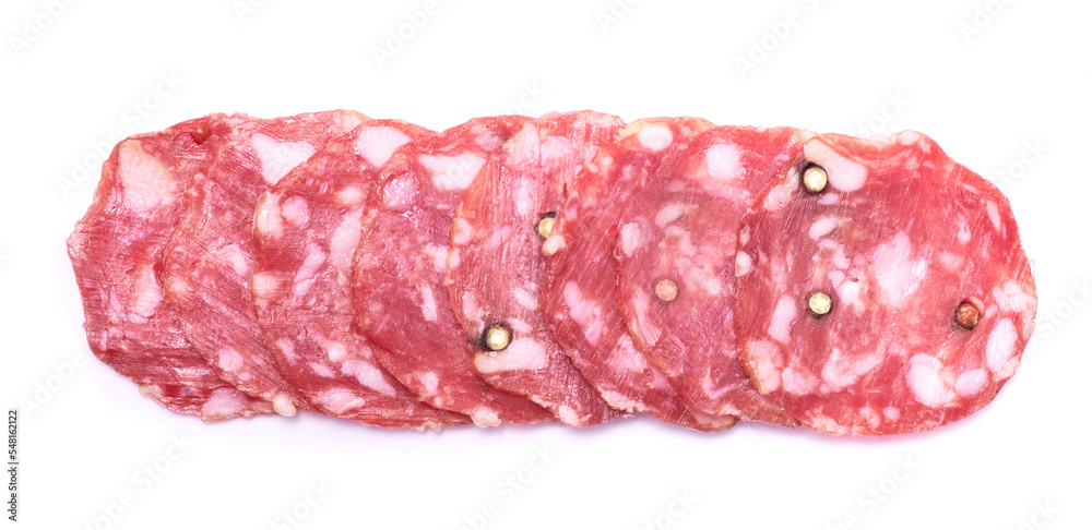 Sliced Smoked dry Salami sausage isolated on white background
