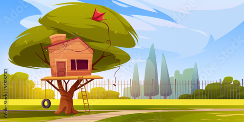 Tree house on fenced green lawn, kids hut in garden, park or house backyard. Wooden construction with ladder and tyre swing for children summer games and fun activities, Cartoon vector illustration photo