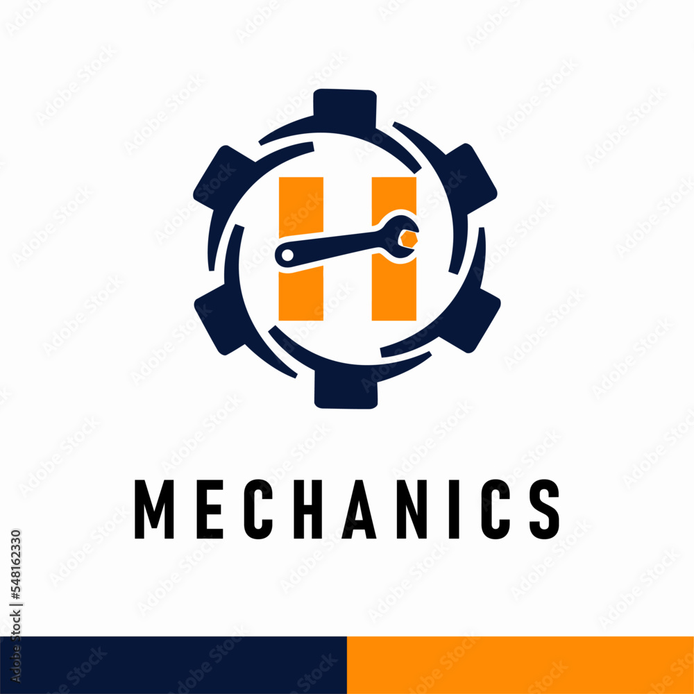 Initial H Letter with Gear and Wrench symbol for mechanic automotive repair business service logo template