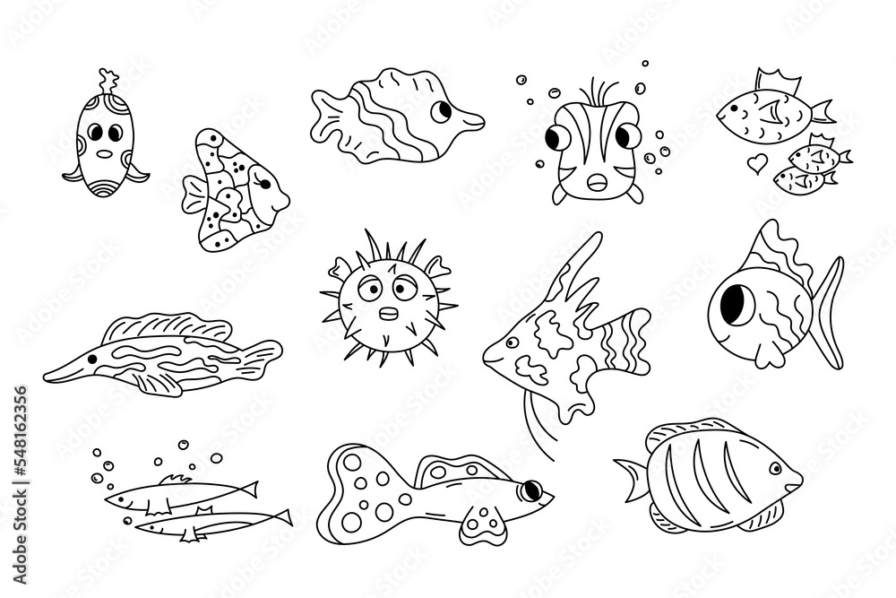 Cute fish doodle set. Vector collection of cartoon outline sea abodes. Wild marine life in hand drawn style. Doodle black and white illustration for kids. Swimming fish isolated Cute fish doodle set. Vector collection of cartoon outline sea abodes. Wild marine life in hand drawn style. Doodle black and white illustration for kids. Swimming fish isolated