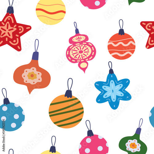 Retro Christmas seamless pattern balls, toys. Doodle vintage icons