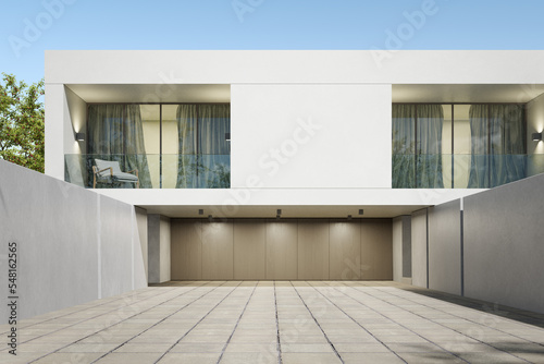 3d rendering of modern luxury house with garage and concrete floor. © nuchao