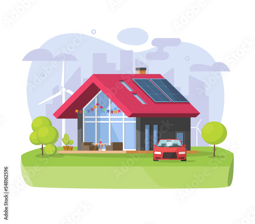 Solar and wind energy smart family eco house with car vehicle on city district countryside flat 3d graphic illustration, home building using green sun power on roof panel, sustainable renewable tech