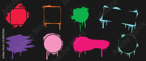 Spray painted texture vector set. Graffiti, dripping, color spray frame banner, stencil spray paint texture borders of geometric shape on black background. Design for sticker, decoration, street art.