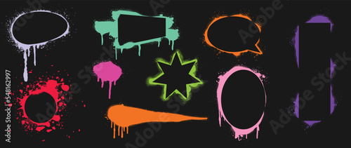 Spray painted texture vector set. Graffiti, dripping, color spray frame banner, stencil spray paint texture borders of geometric shape on black background. Design for sticker, decoration, street art.