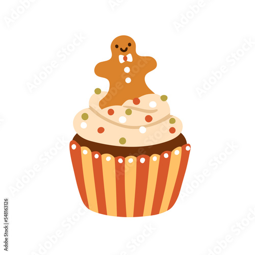 Christmas cupcake. Sweet Xmas food with cream, sprinkle and gingerbread man decoration. Festive New Year dessert. Winter holiday cup cake, muffin. Flat vector illustration isolated on white background