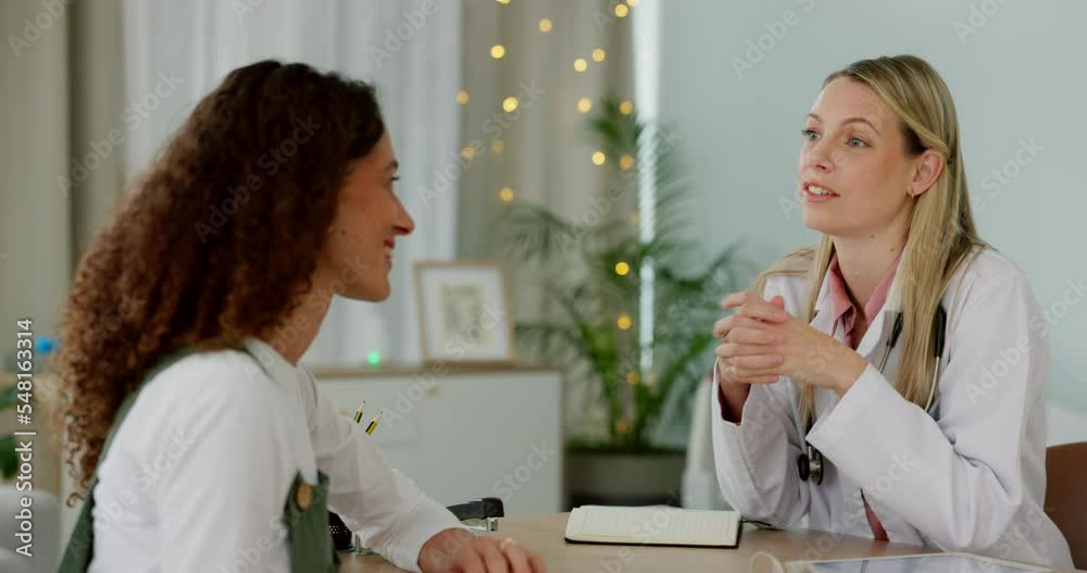 Healthcare, women and doctor consulting patient in doctors office on feminine health, fertility or body care. Medicine, advice and trust, woman with medical consultant talking at hospital appointment Healthcare, women and doctor consulting patient in doctors office on feminine health, fertility or body care. Medicine, advice and trust, woman with medical consultant talking at hospital appointment